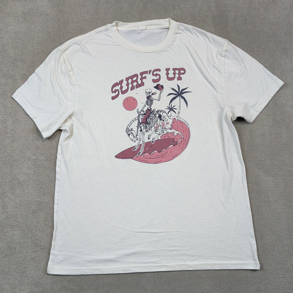 Unbranded T-Shirt Mens Large Cream Surfs Up Skeleton Graphic Y2K Surf Skate